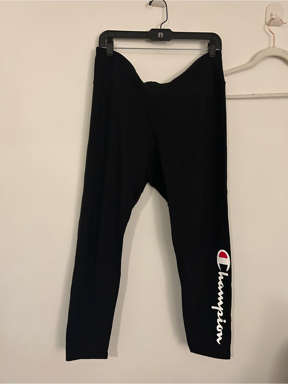 Champion Women’s Black Cotton Leggings with White Script Logo Pre Loved